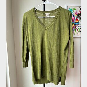J. Crew Dark Olive Green Lightweight Cotton 2/3 Sleeve V-Neck Sweater - Size XS